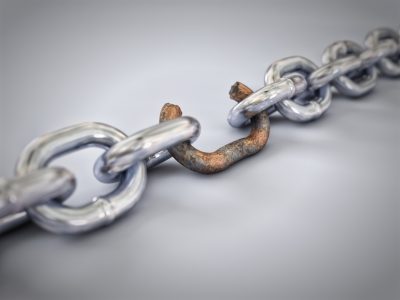 A chain with a broken link highlighted red to highlight the weak link.